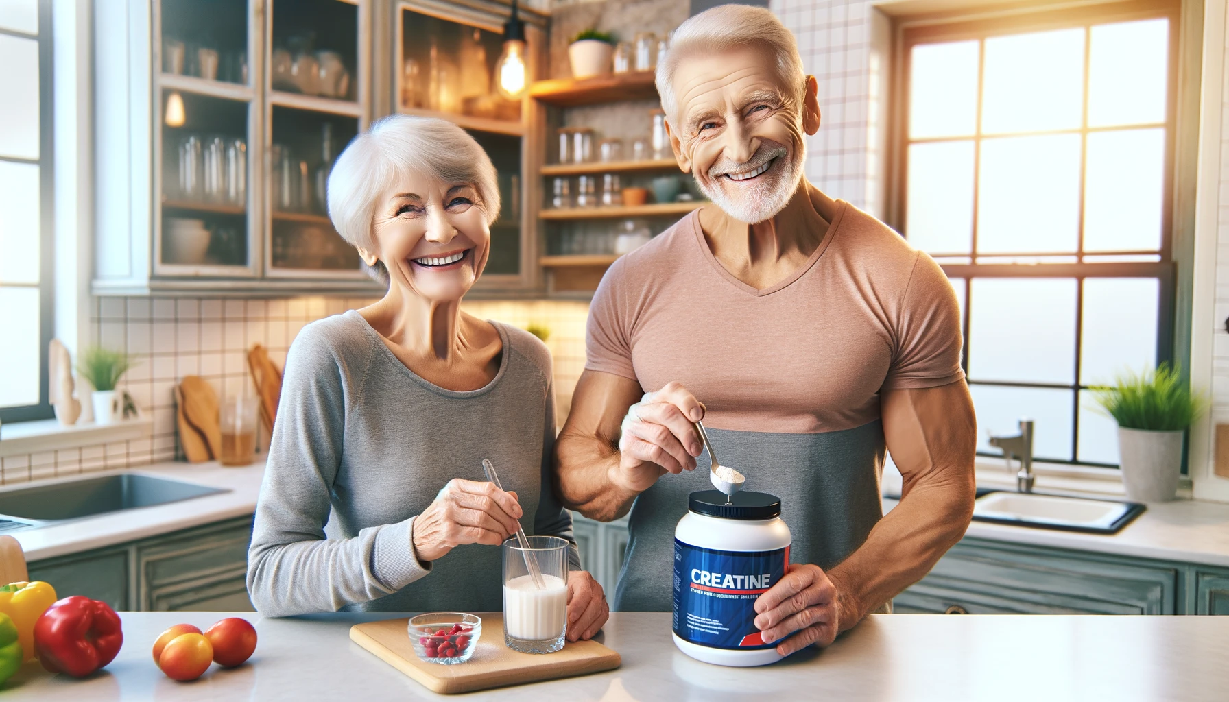 Na imagem, vemos um casal de idosos preparando cuidadosamente sua dose diária de creatina para combater a perda de massa muscular. 